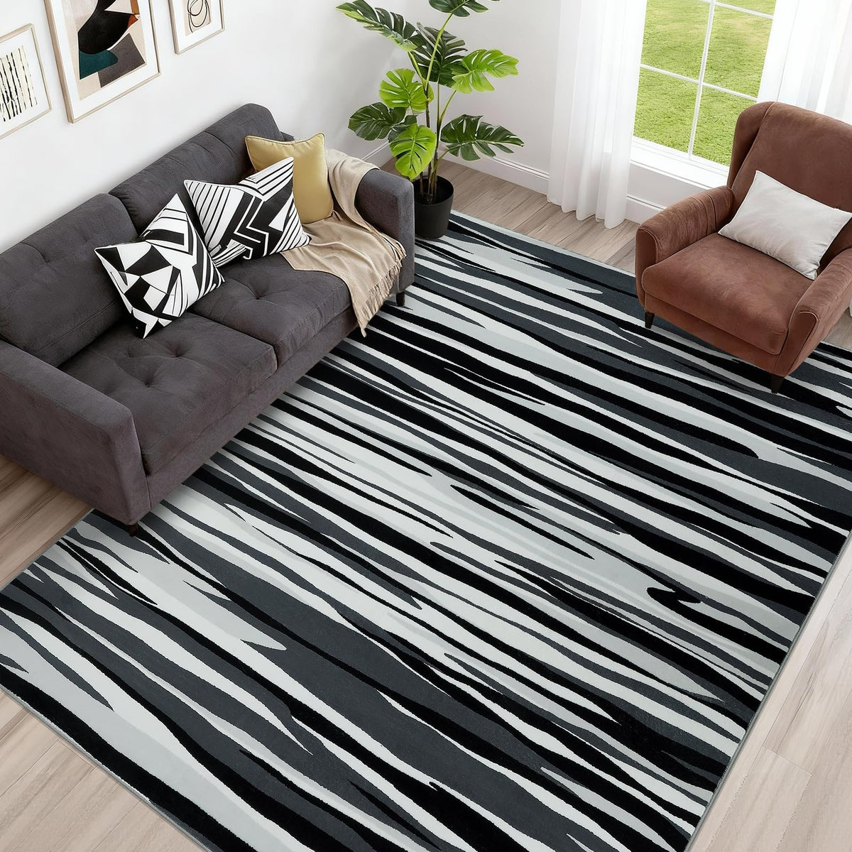 YIHOUSE Neutral Ultra Soft Area Rugs for Bedroom 5x7, Beige Geometric Rug with Triangular Patterns, Comfortable Plain Area Rug for Bedroom, Japandi Washable Rugs for Living Room