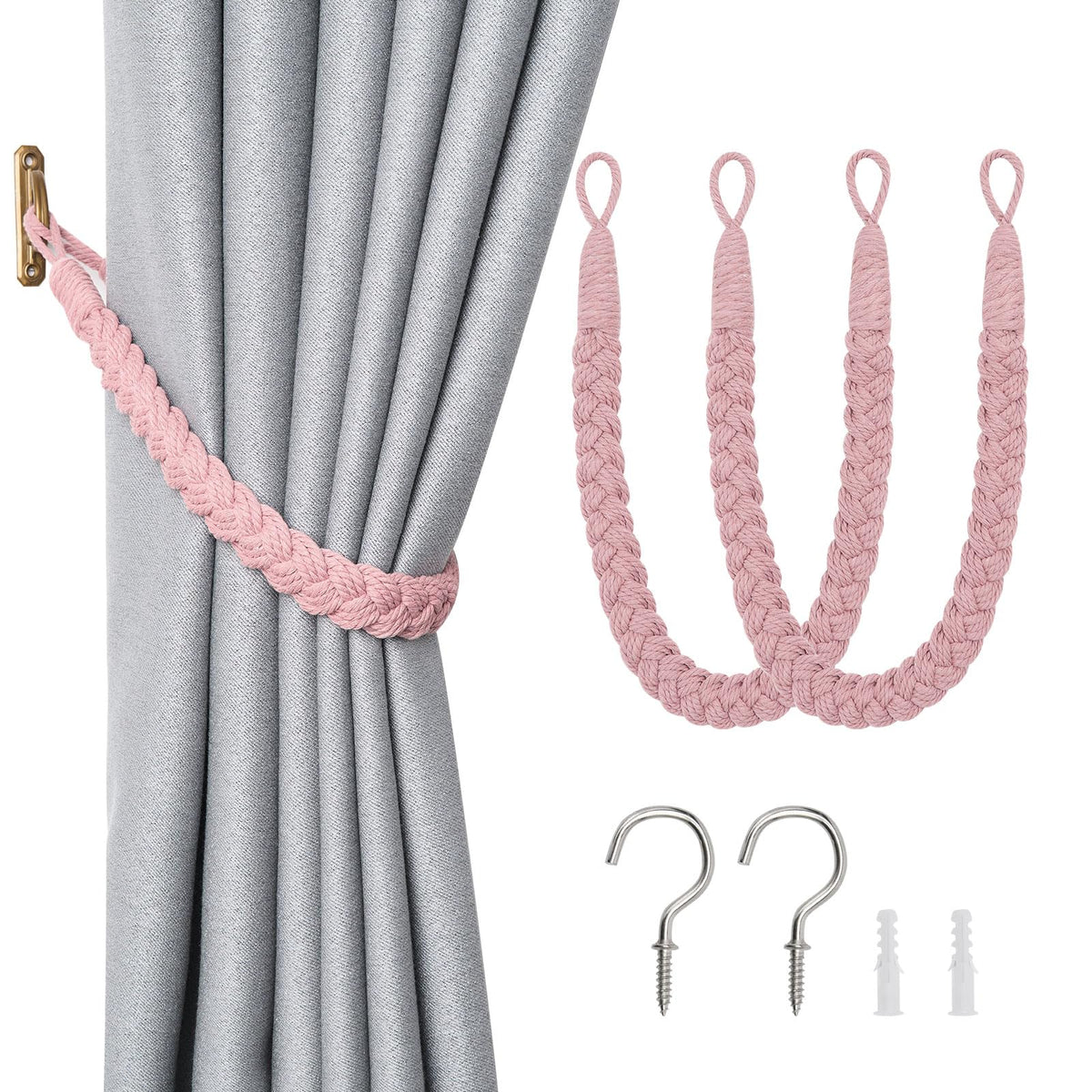 NICEEC 2 Pack Natural Cotton Rope Curtain Tiebacks Elegant Boho Style Decorative Drape Tie Backs Soft Hand-Woven Rope Curtain Holdbacks with Metal Hook for Home & Office Drapery (Coffee)