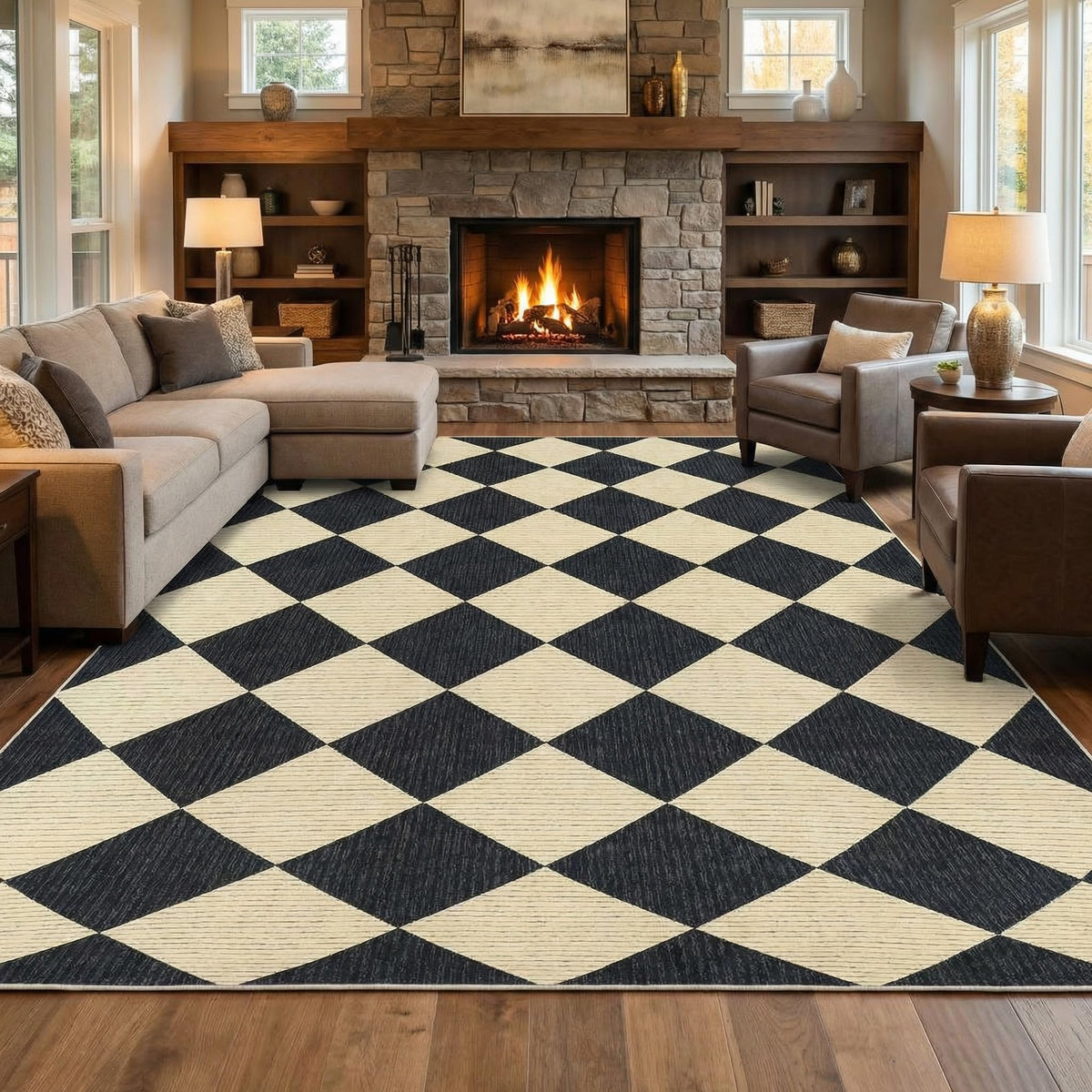 GarveeHome 5x7 Checkered Area Rug Black and Brown Washable Living Room Rug