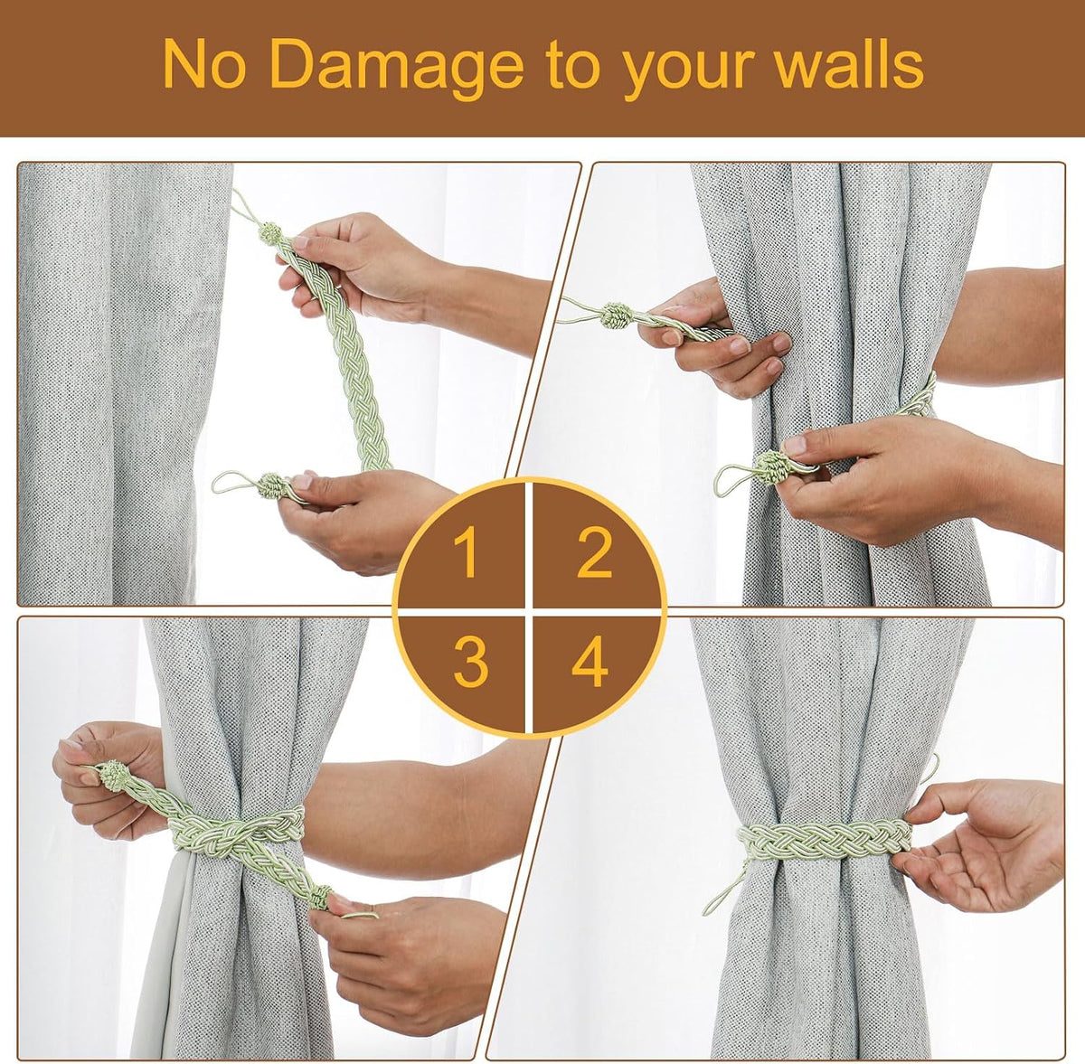 uxcell 4Pcs Curtain Tiebacks, 58cm/23 Braided Drapery Holdback Holder Decorative Rope Tie Back with 4 Metal Hooks, Taupe/Silver