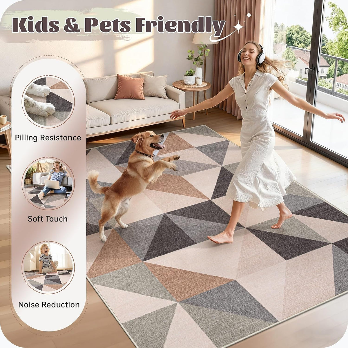 Washable Rug 8x10 Area Rugs: Modern Geometric Area Rug for Living Room Non-Slip Neutral Soft Carpet Low Pile Stain Resistant Indoor Rugs for Bedroom Nursery Dining Room Office (Beige Brown, 8'X10')