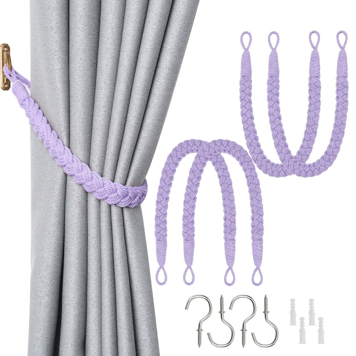 NICEEC 2 Pack Natural Cotton Rope Curtain Tiebacks Elegant Boho Style Decorative Drape Tie Backs Soft Hand-Woven Rope Curtain Holdbacks with Metal Hook for Home & Office Drapery (Coffee)