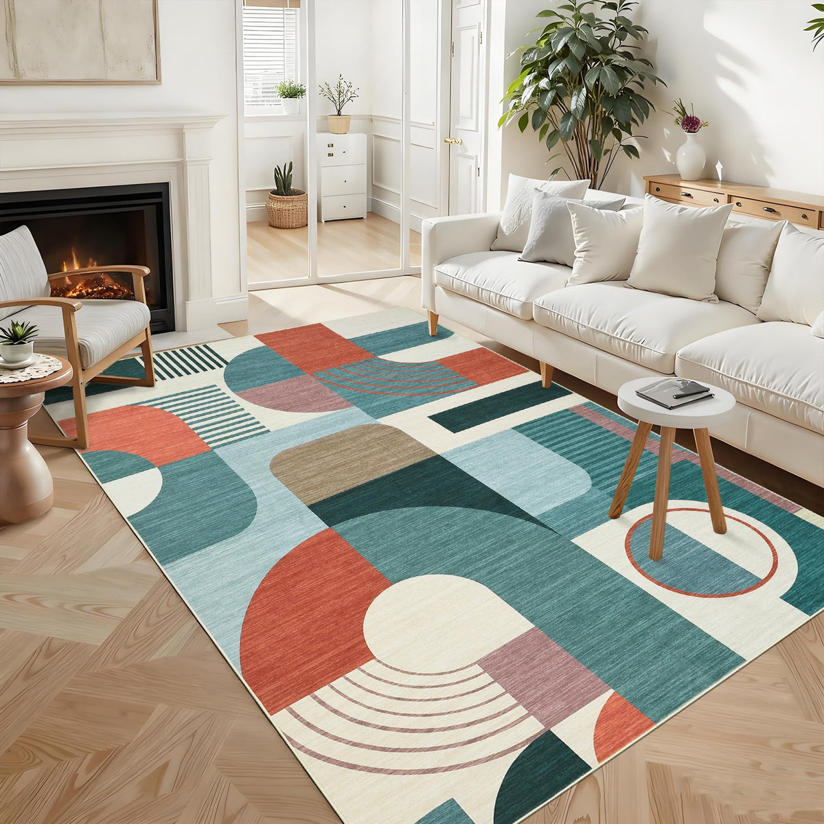 3x5 Washable Rug for Bedroom, Boho Geometric Small Area Rugs for Living Room Entryway Soft Low Pile Non-Slip Indoor Rug for Playroom Dorm, Blue Multi, 3'x5'