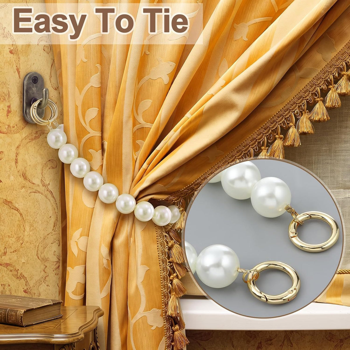 Tondiamo 2 Pack Pearl Curtain Tiebacks Decorative Window Drape Holdbacks with Large Pearls French Rustic Curtain Tie Bands for Bedroom Living Room Home Decor (Single)