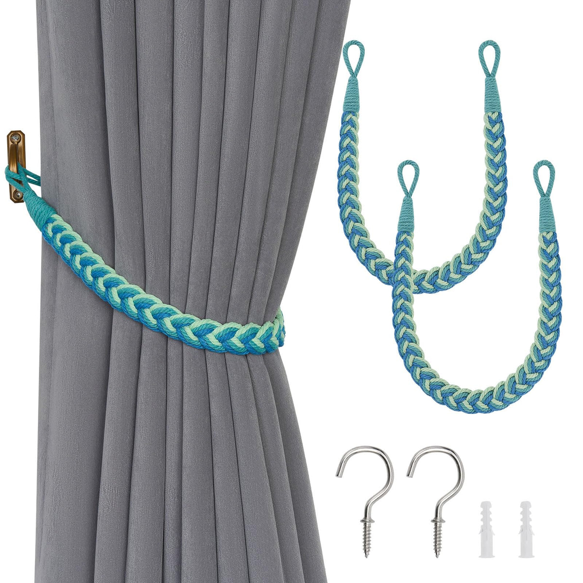 NICEEC 2 Pack Natural Cotton Rope Curtain Tiebacks Elegant Boho Style Decorative Drape Tie Backs Soft Hand-Woven Rope Curtain Holdbacks with Metal Hook for Home & Office Drapery (Coffee)