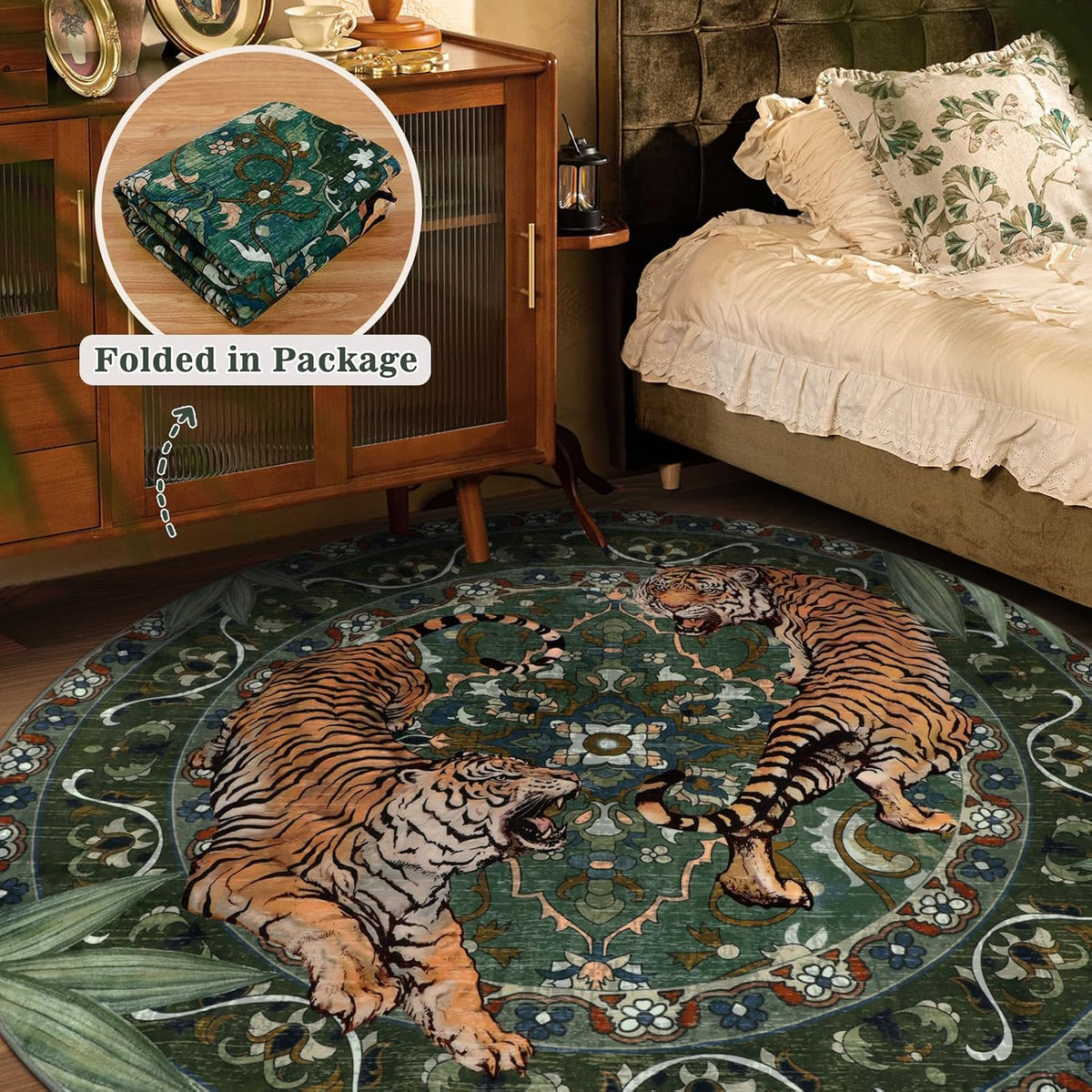 Tiger Round Area Rugs for Living Room 6ft, Boho Green Animal Print Bedroom Circle Rugs Non Slip, Washable Botanical Jungle Floor Carpet for Dining Room Entryway Nursery Playroom Office Spring