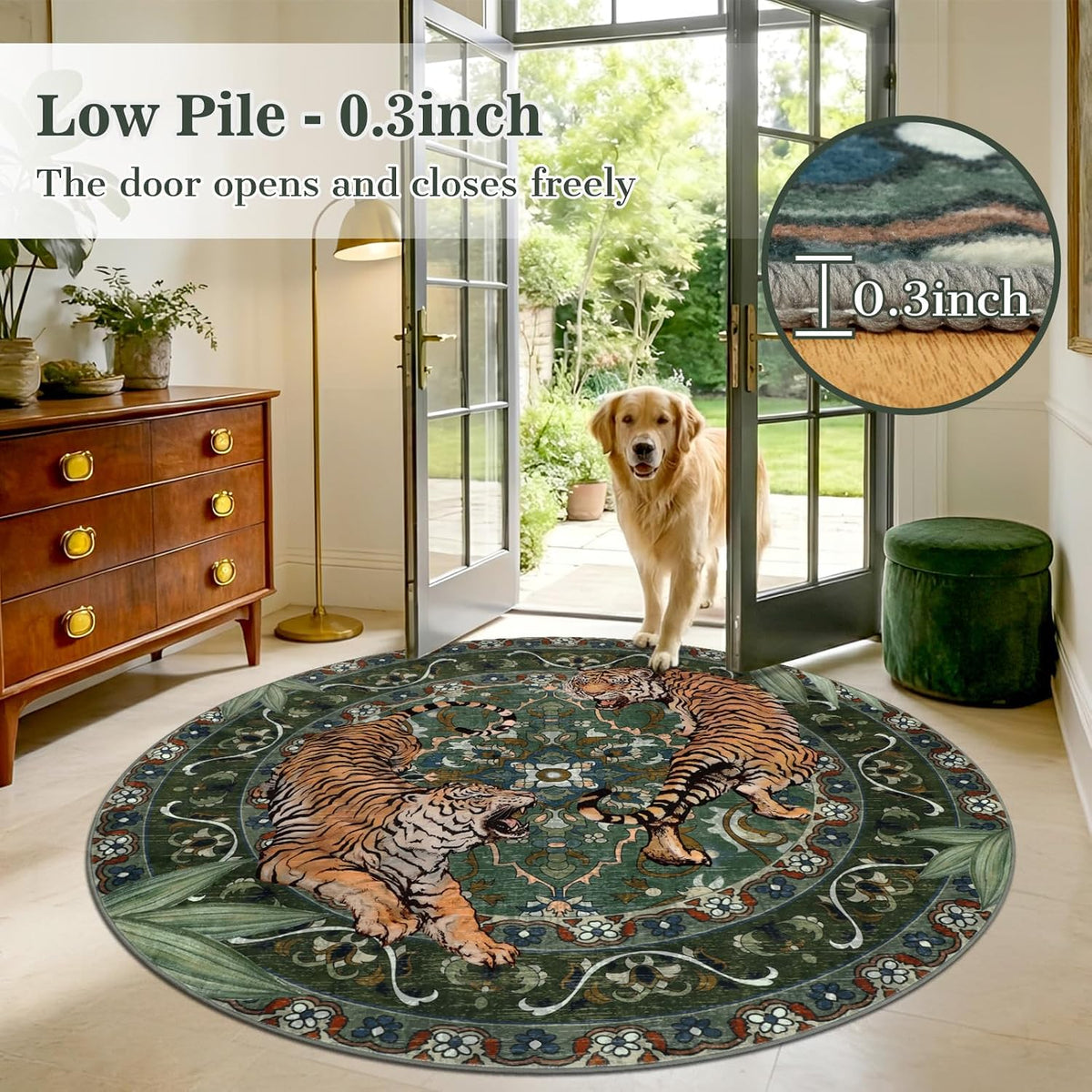 Tiger Round Area Rugs for Living Room 6ft, Boho Green Animal Print Bedroom Circle Rugs Non Slip, Washable Botanical Jungle Floor Carpet for Dining Room Entryway Nursery Playroom Office Spring