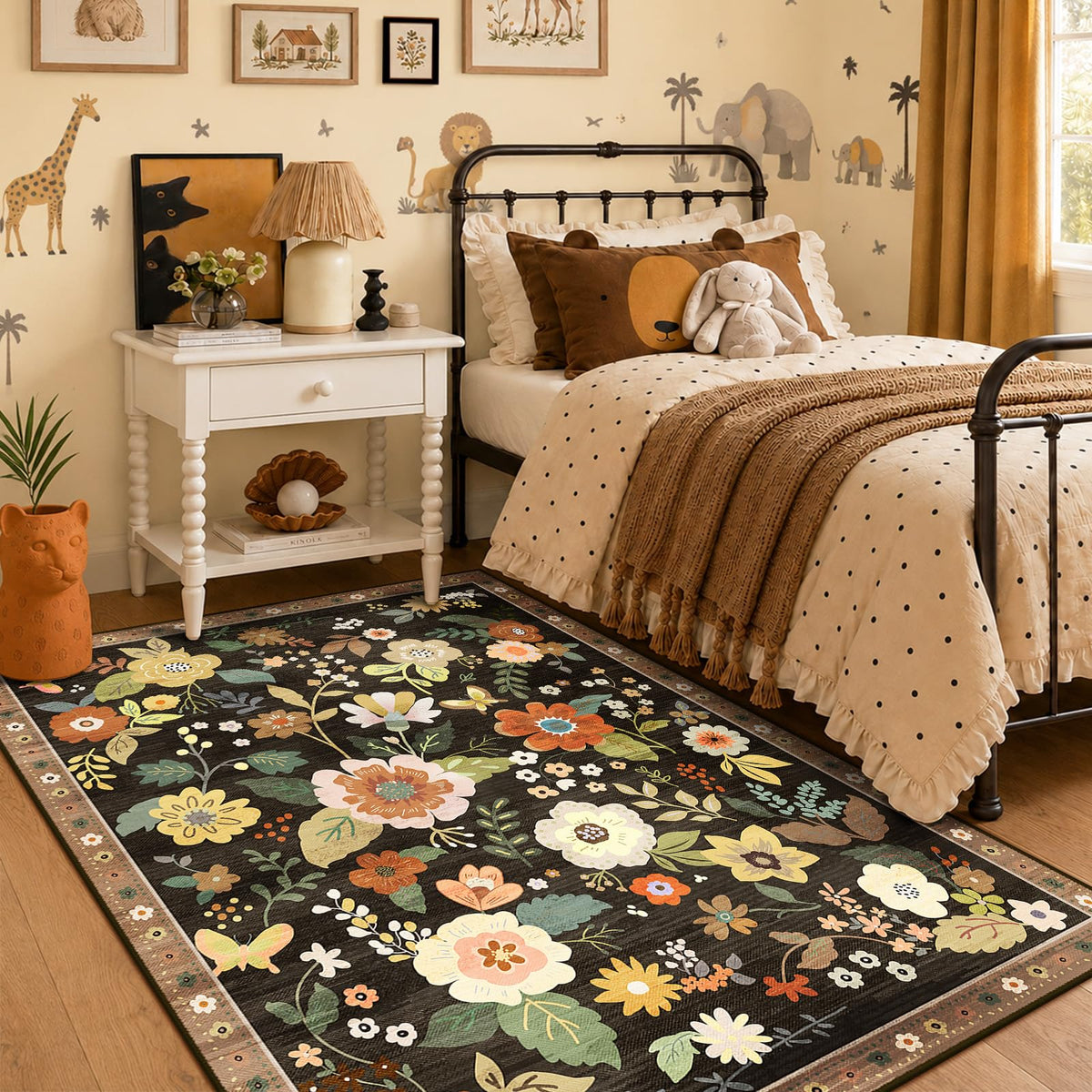 RELEANY Floral Washable 5x7 Area Rugs Black