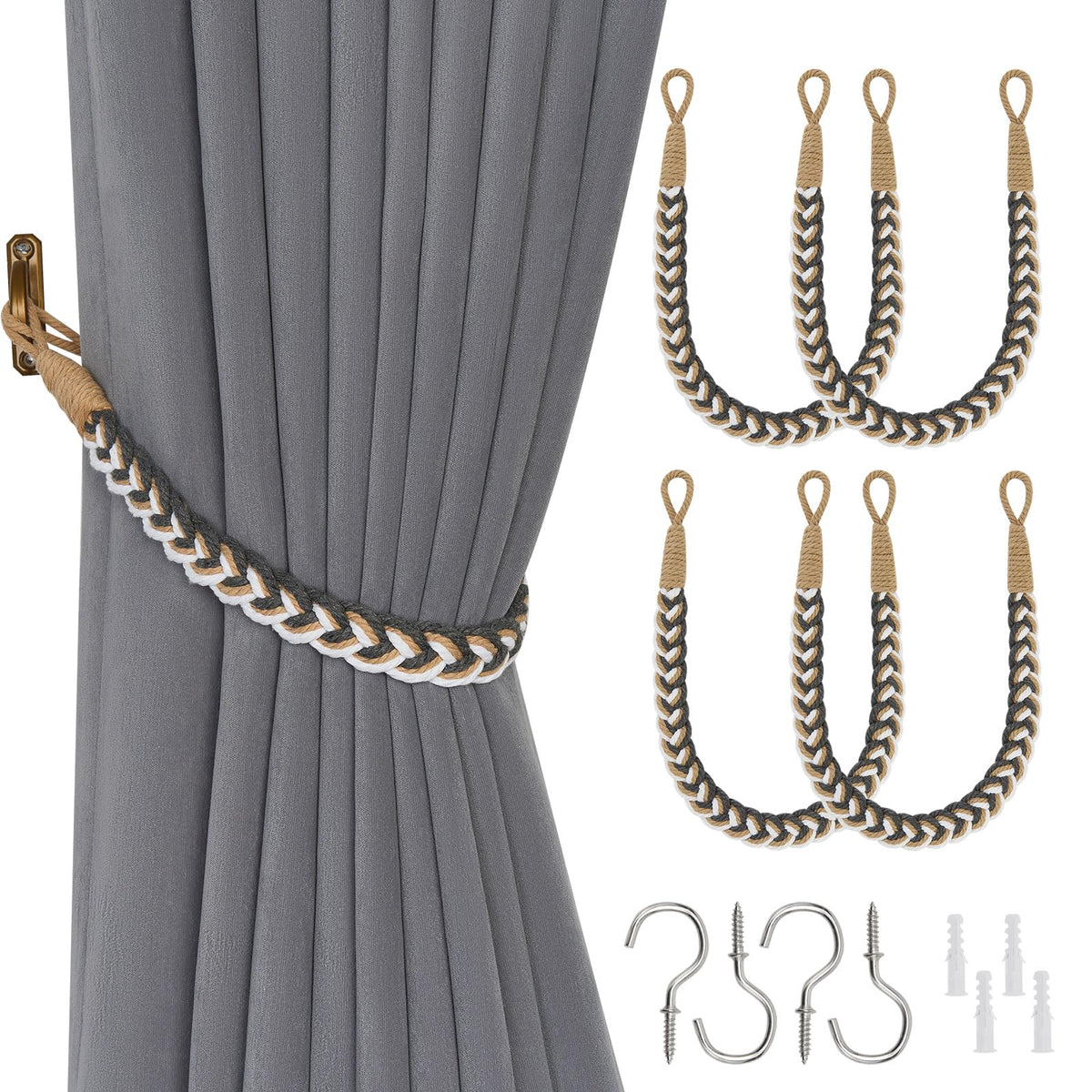 NICEEC 2 Pack Natural Cotton Rope Curtain Tiebacks Elegant Boho Style Decorative Drape Tie Backs Soft Hand-Woven Rope Curtain Holdbacks with Metal Hook for Home & Office Drapery (Coffee)