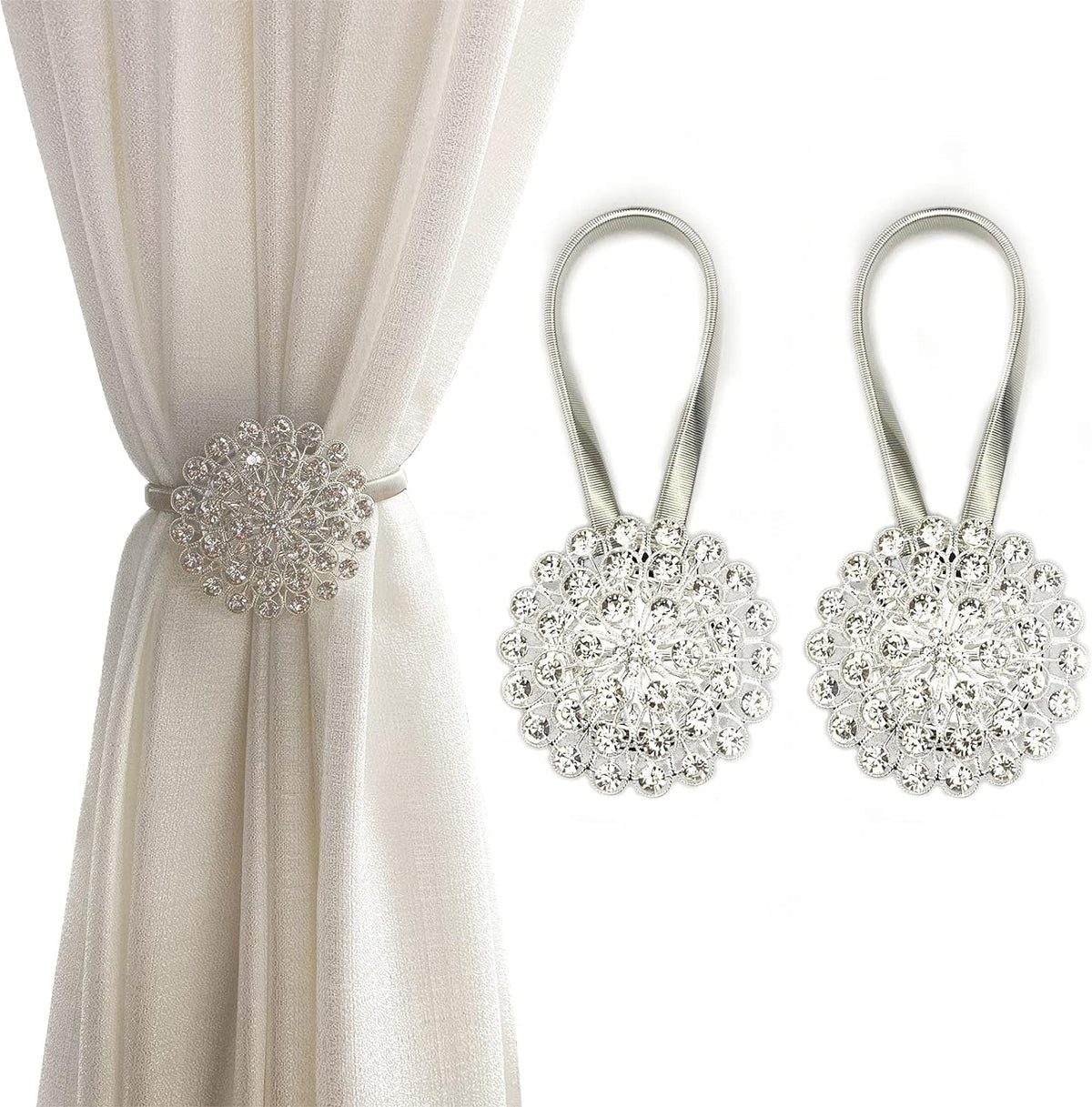 Magnetic Tiebacks for Curtains, 2 Pack Sparkling Crystal Flower Curtain Tiebacks Curtain Buckle Clips with High-Elastic Spring Wire for Home Office Decoration (White)