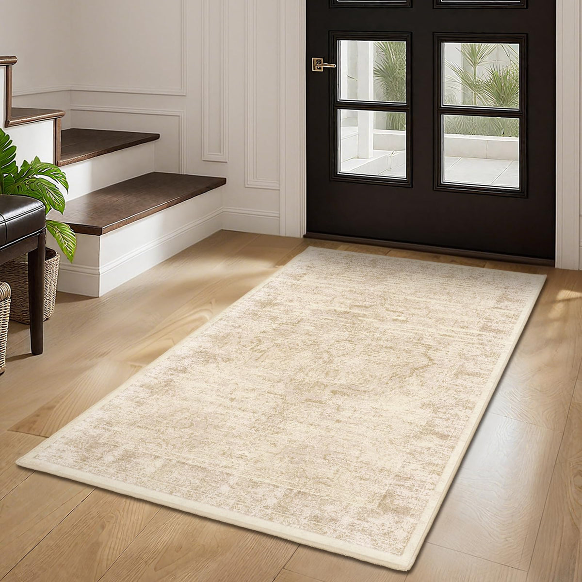Vintage Distressed 5x7 Area Rugs for Living Room Bedroom Non Slip Washable, Medallion Pattern Printed Low Pile Thin Carpet Rugs for Dining Room/Kitchen/Home Office, Multi Brown Olive Accents