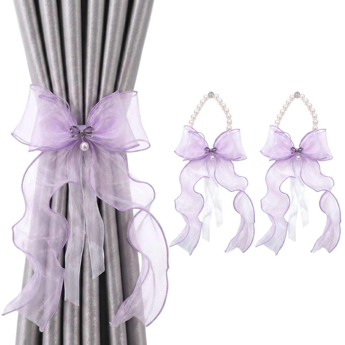 Pearl Bow Magnetic Curtain Tiebacks for Home Decor (2, Black)