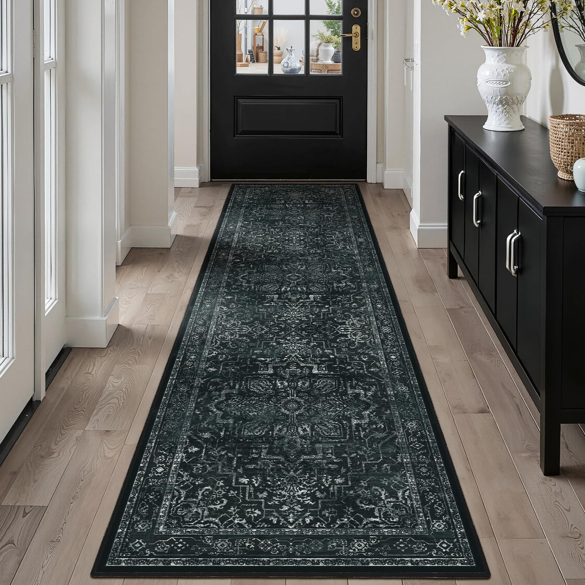 Vintage Distressed 5x7 Area Rugs for Living Room Bedroom Non Slip Washable, Medallion Pattern Printed Low Pile Thin Carpet Rugs for Dining Room/Kitchen/Home Office, Multi Brown Olive Accents