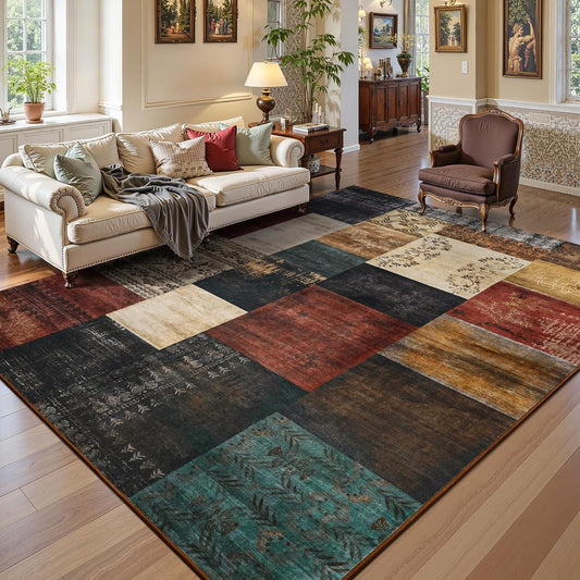 DweIke Washable Area Rugs 8x10 for Living Room, Large Modern Geometric Colorful Soft Patchwork Carpet, Non-Slip Stain Resistant Throw Rug for Bedroom Dining Room Office Home Decor
