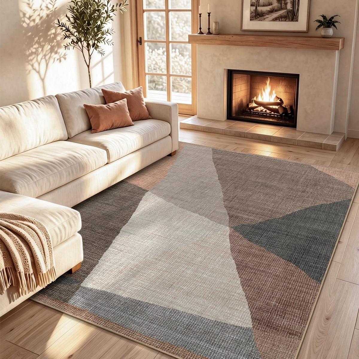 YIHOUSE Geometric Area Rug, Washable Non-Slip Low Pile, Brown, 5 x 7 ft