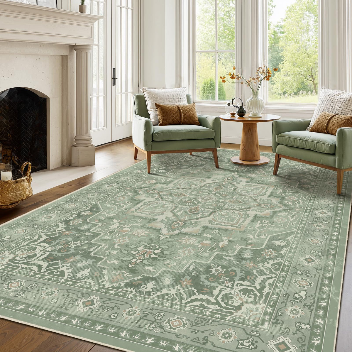 Vintage Distressed 5x7 Area Rugs for Living Room Bedroom Non Slip Washable, Medallion Pattern Printed Low Pile Thin Carpet Rugs for Dining Room/Kitchen/Home Office, Multi Brown Olive Accents