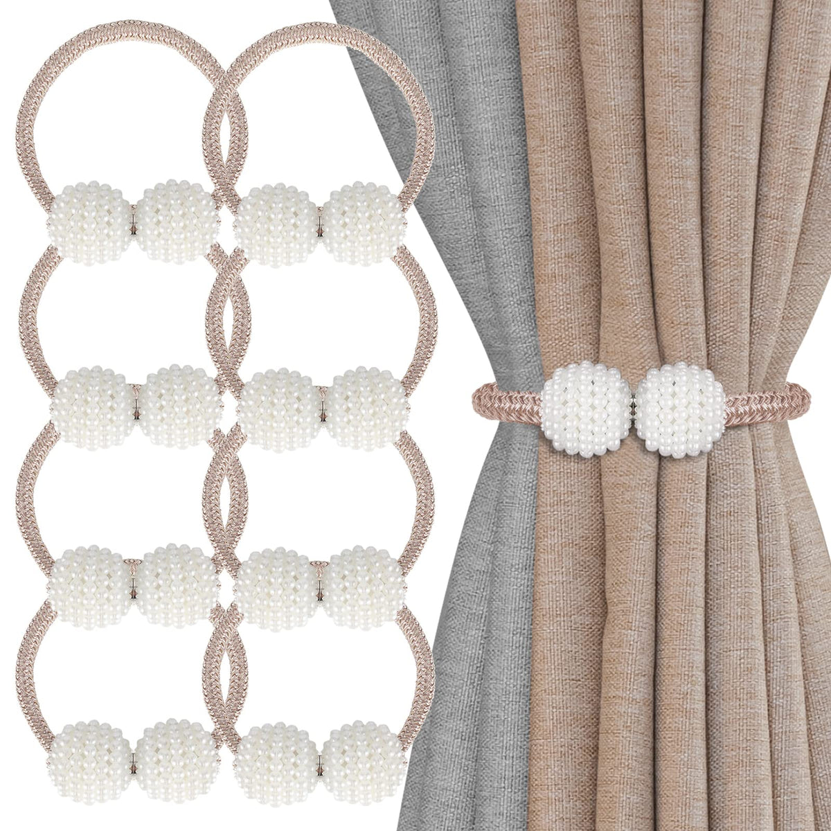 8 Pack Magnetic Curtain Tiebacks with Pearls,Elegant Window Treatment Holdbacks for Heavy Outdoor Drapes (Grey)
