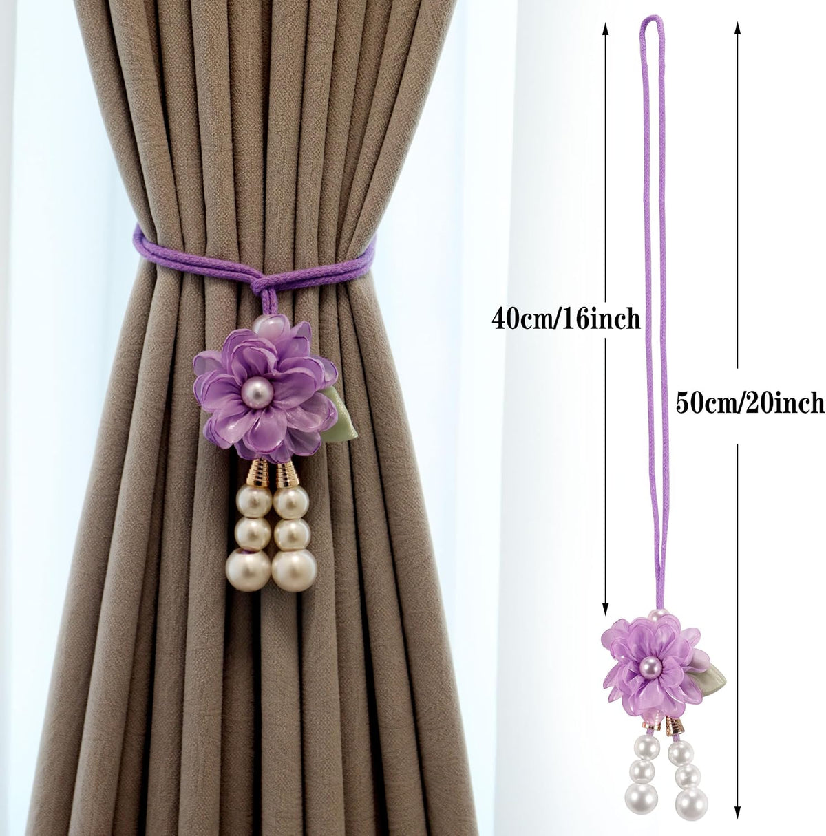 Adjustable Curtain Tiebacks， 4-Pack Hand-Woven Rope with Silk Flower & Pearl， Decorative Window Cord Holders for Drapery， Long Loop Design for All Curtain Thickness (Purple)