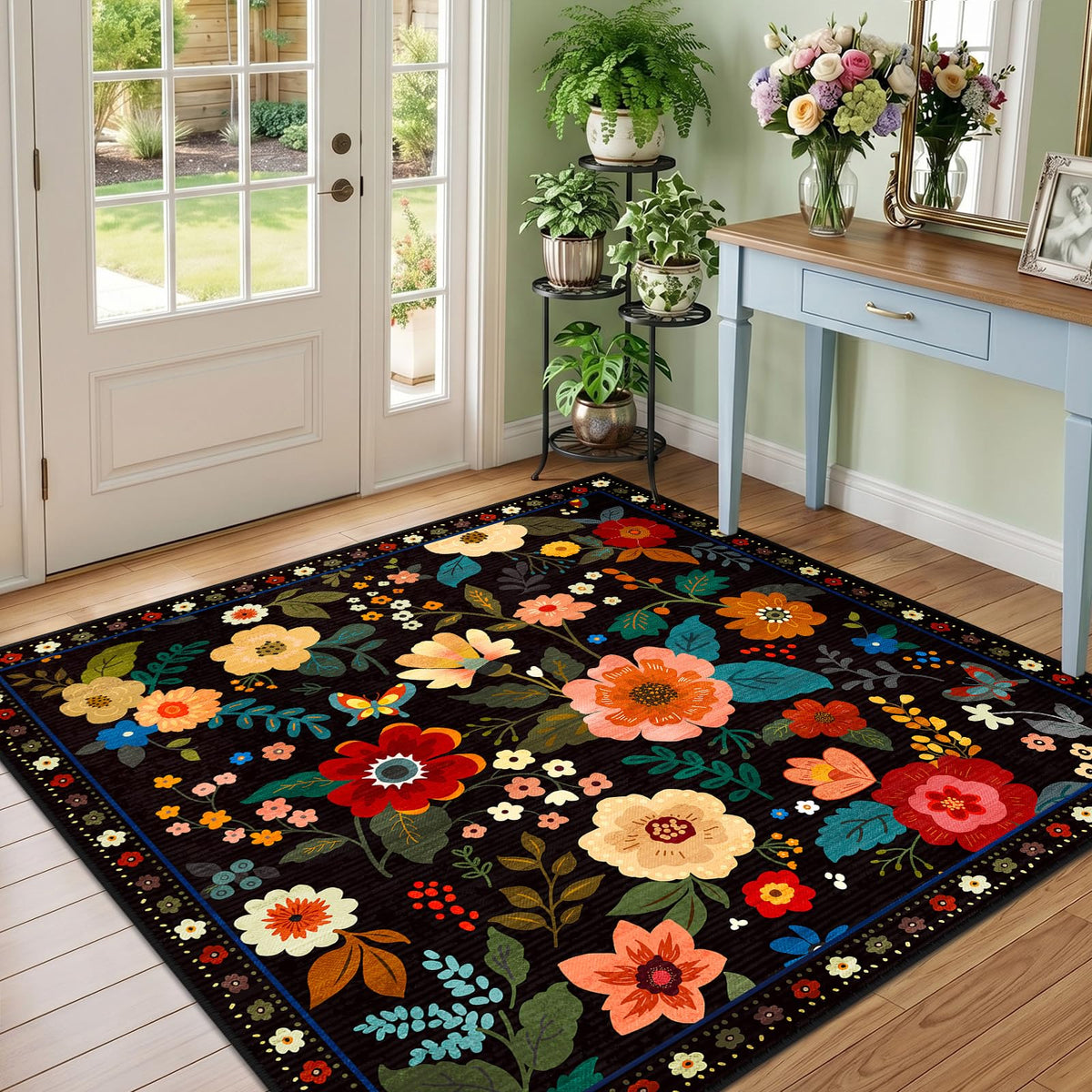 RELEANY Floral Washable 5x7 Area Rugs Black
