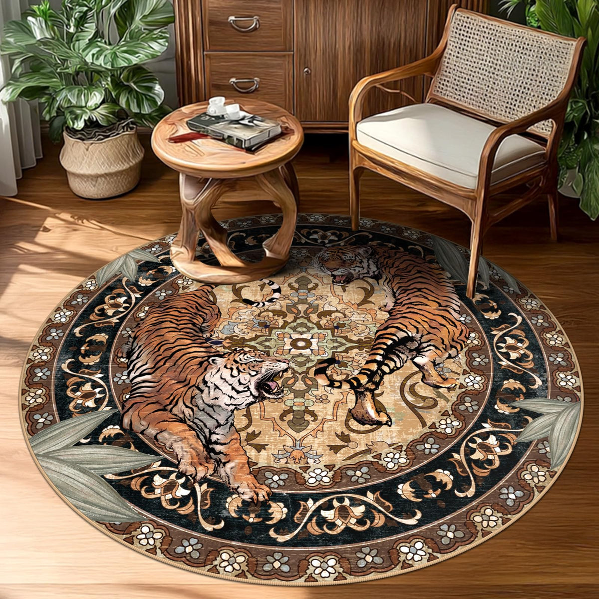 Tiger Round Area Rugs for Living Room 6ft, Boho Green Animal Print Bedroom Circle Rugs Non Slip, Washable Botanical Jungle Floor Carpet for Dining Room Entryway Nursery Playroom Office Spring