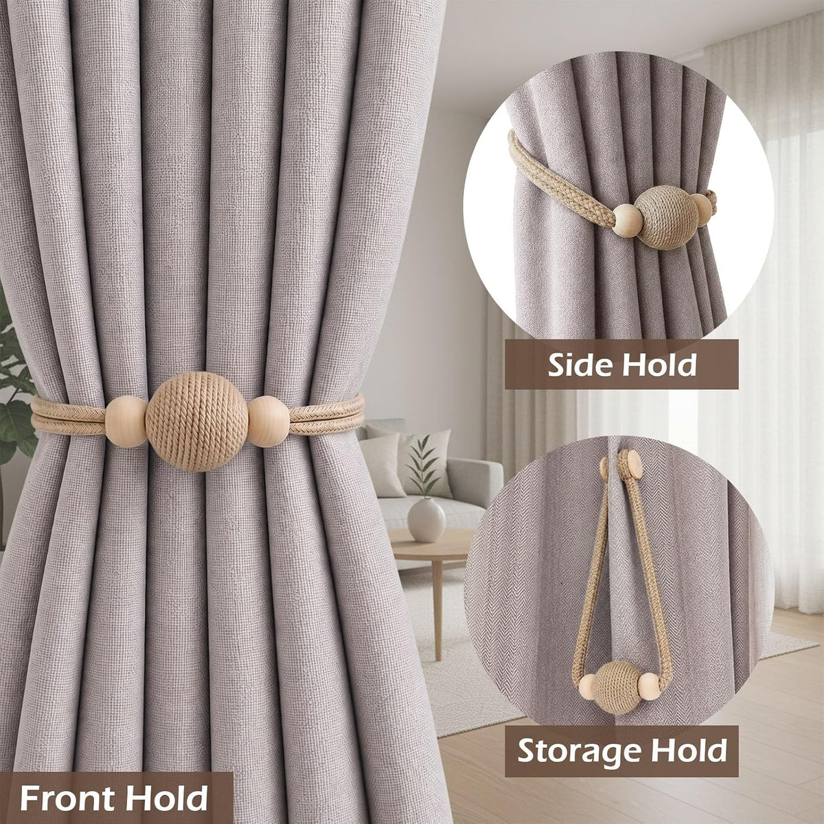 2 Pack Magnetic Curtain Tiebacks, Minimalist Curtain Holdbacks (Brown)