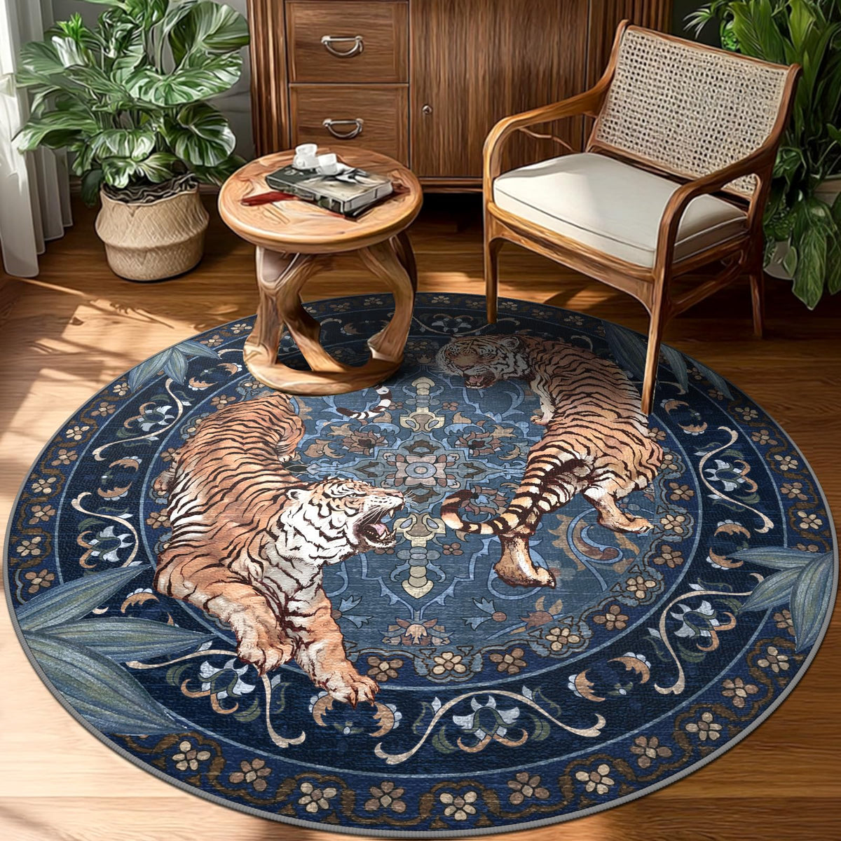Tiger Round Area Rugs for Living Room 6ft, Boho Green Animal Print Bedroom Circle Rugs Non Slip, Washable Botanical Jungle Floor Carpet for Dining Room Entryway Nursery Playroom Office Spring