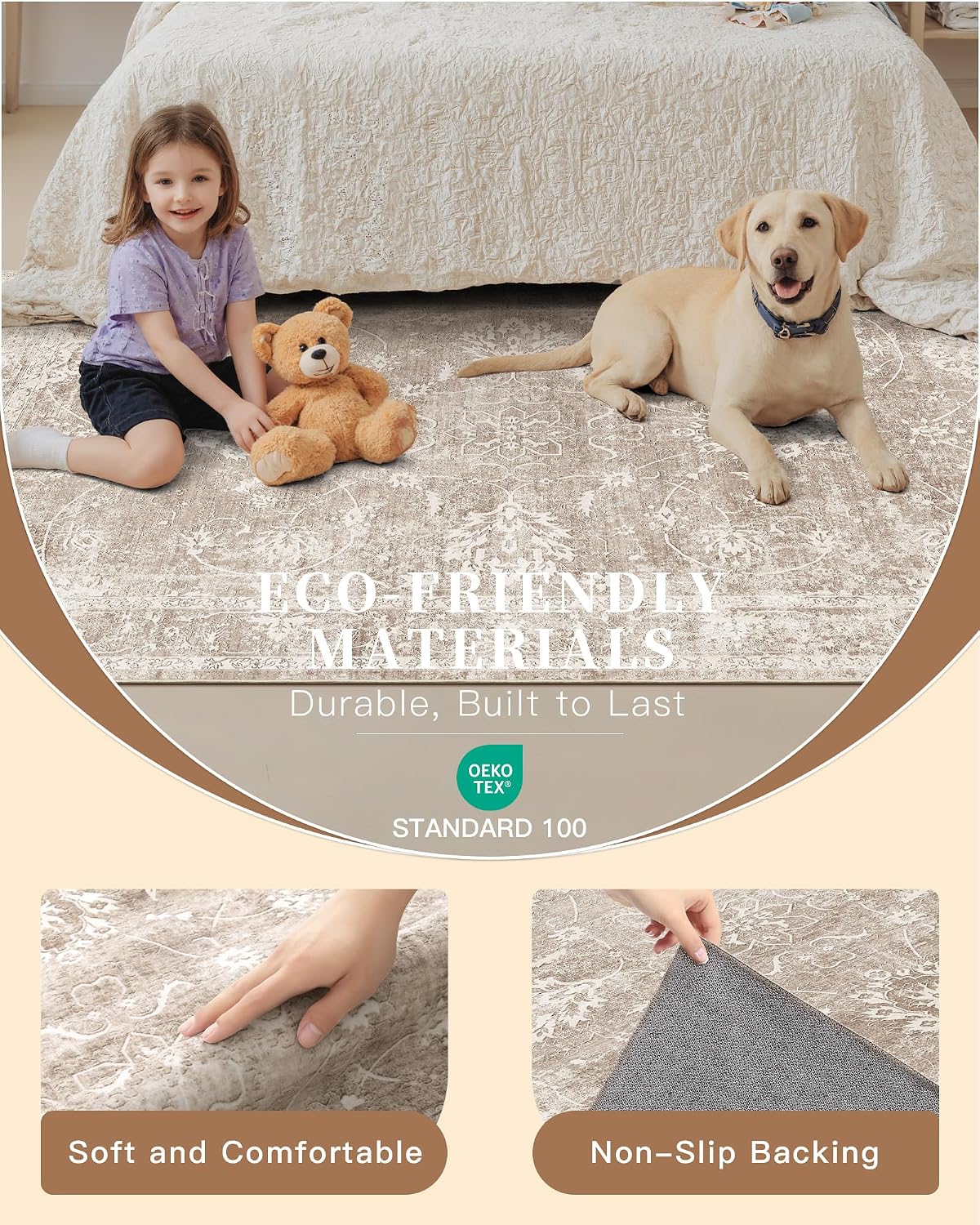 Madane 8x10 Area Rugs for Living Room, Washable Neutral Rug Brown/Sand