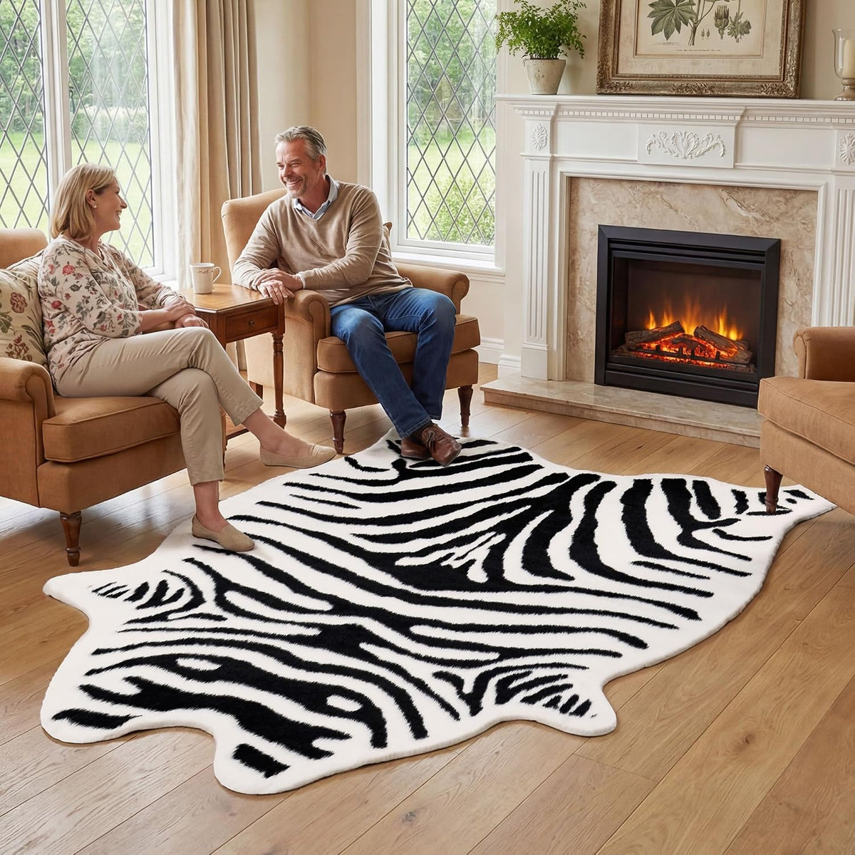 JONIYEAR Large Durable Faux Zebrahide Area Rug 4.9 x 6.56 Feet, Premium Zebra Print Rug for Living Room Bedroom, Durable Faux Fur Animal Zebra Hide Carpet for Western Farmhouse Decor, Black and White
