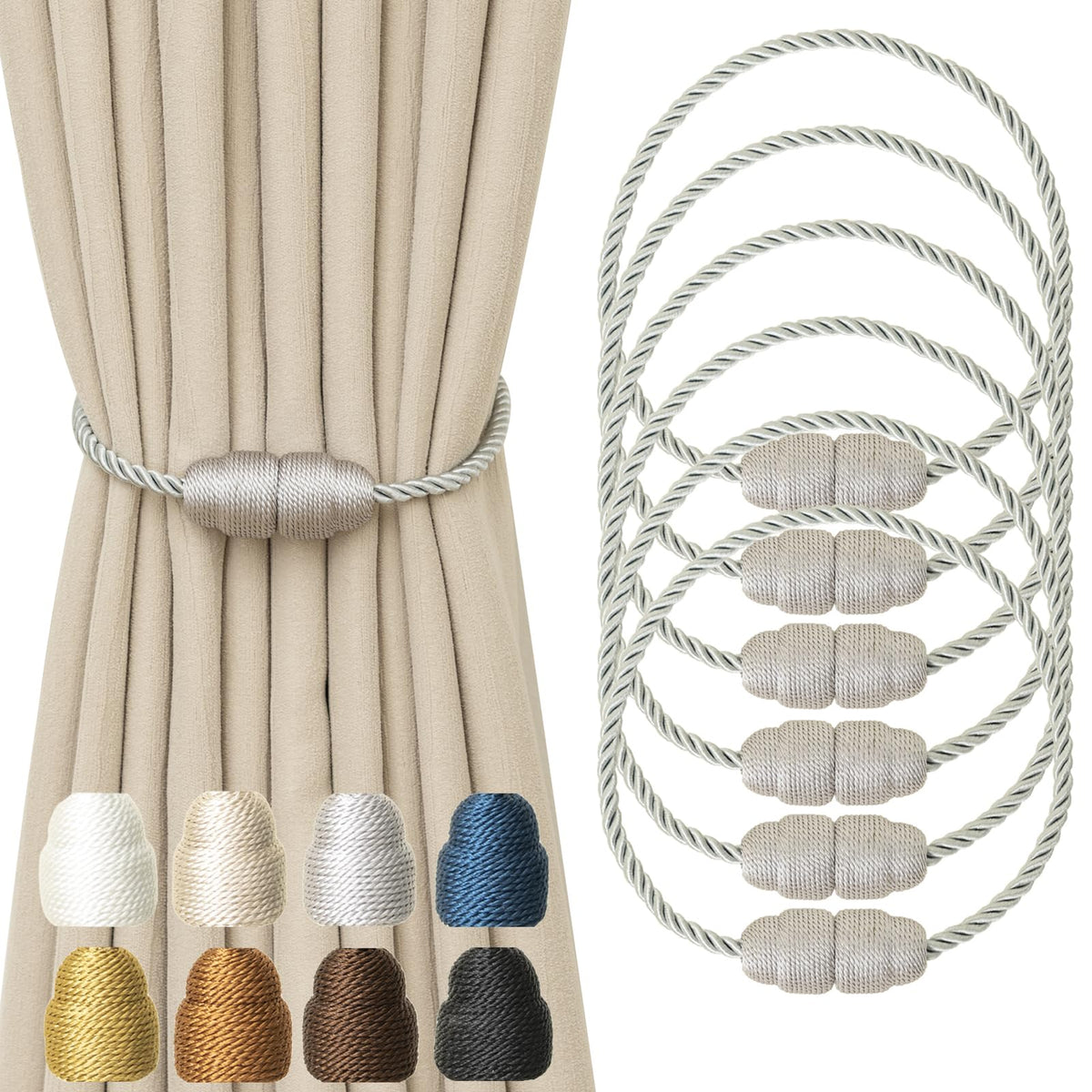 Magnetic Curtain Tiebacks Rope Curtain Tie Backs for Curtains 6 Pack Curtain Holders for Drapes Decorative Window Curtain Holdbacks, Gold