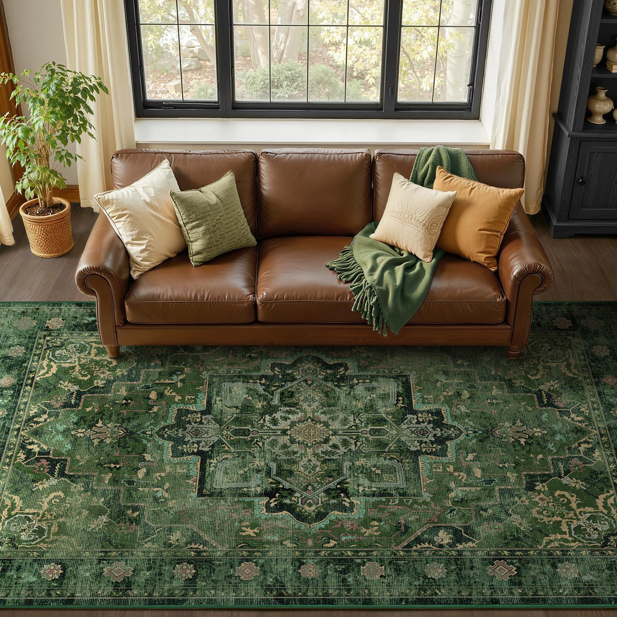 Vintage Distressed 5x7 Area Rugs for Living Room Bedroom Non Slip Washable, Medallion Pattern Printed Low Pile Thin Carpet Rugs for Dining Room/Kitchen/Home Office, Multi Brown Olive Accents