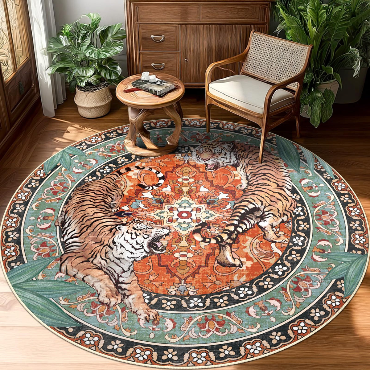 Tiger Round Area Rugs for Living Room 6ft, Boho Green Animal Print Bedroom Circle Rugs Non Slip, Washable Botanical Jungle Floor Carpet for Dining Room Entryway Nursery Playroom Office Spring
