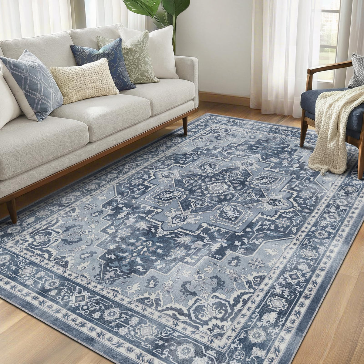 Vintage Distressed 5x7 Area Rugs for Living Room Bedroom Non Slip Washable, Medallion Pattern Printed Low Pile Thin Carpet Rugs for Dining Room/Kitchen/Home Office, Multi Brown Olive Accents