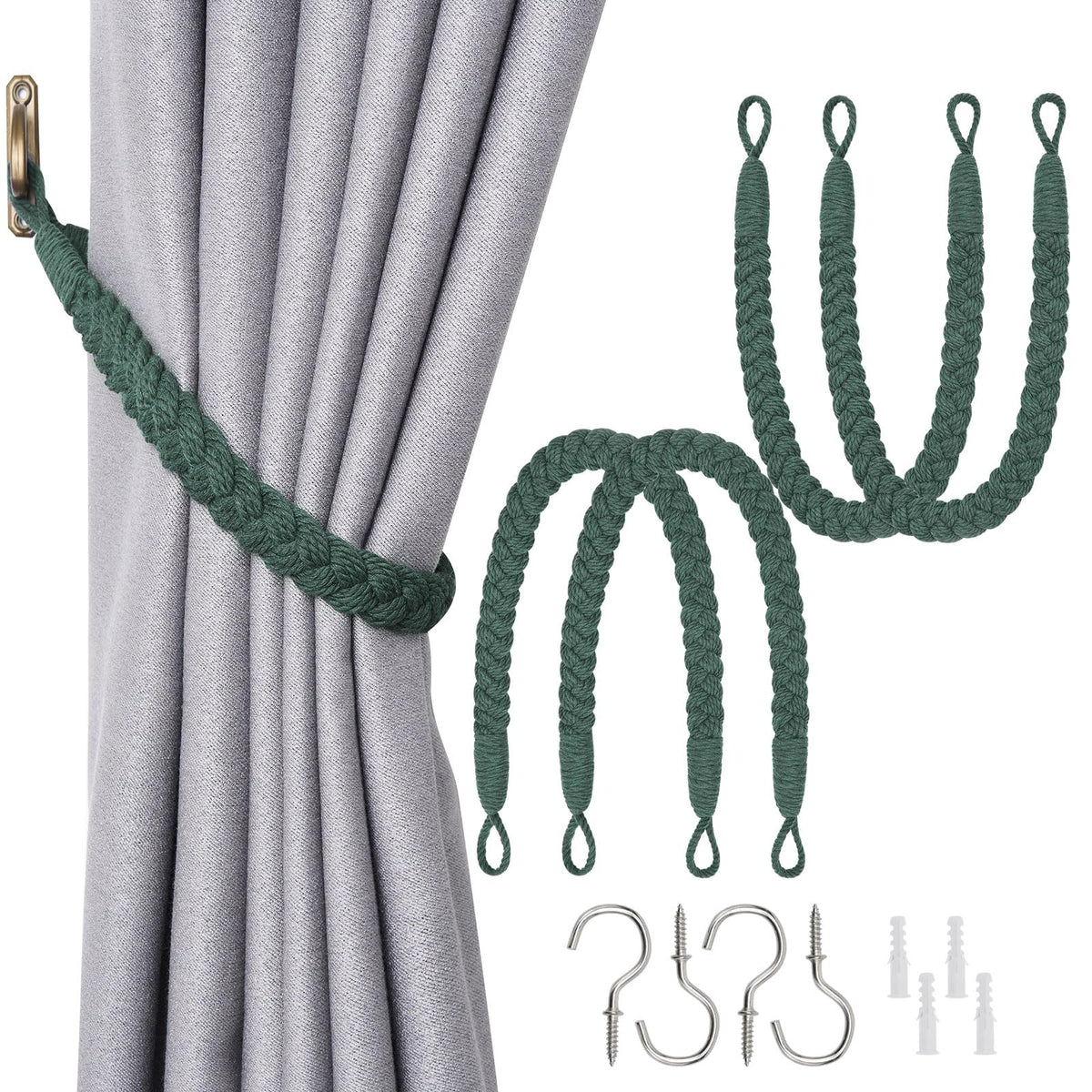 NICEEC 2 Pack Natural Cotton Rope Curtain Tiebacks Elegant Boho Style Decorative Drape Tie Backs Soft Hand-Woven Rope Curtain Holdbacks with Metal Hook for Home & Office Drapery (Coffee)