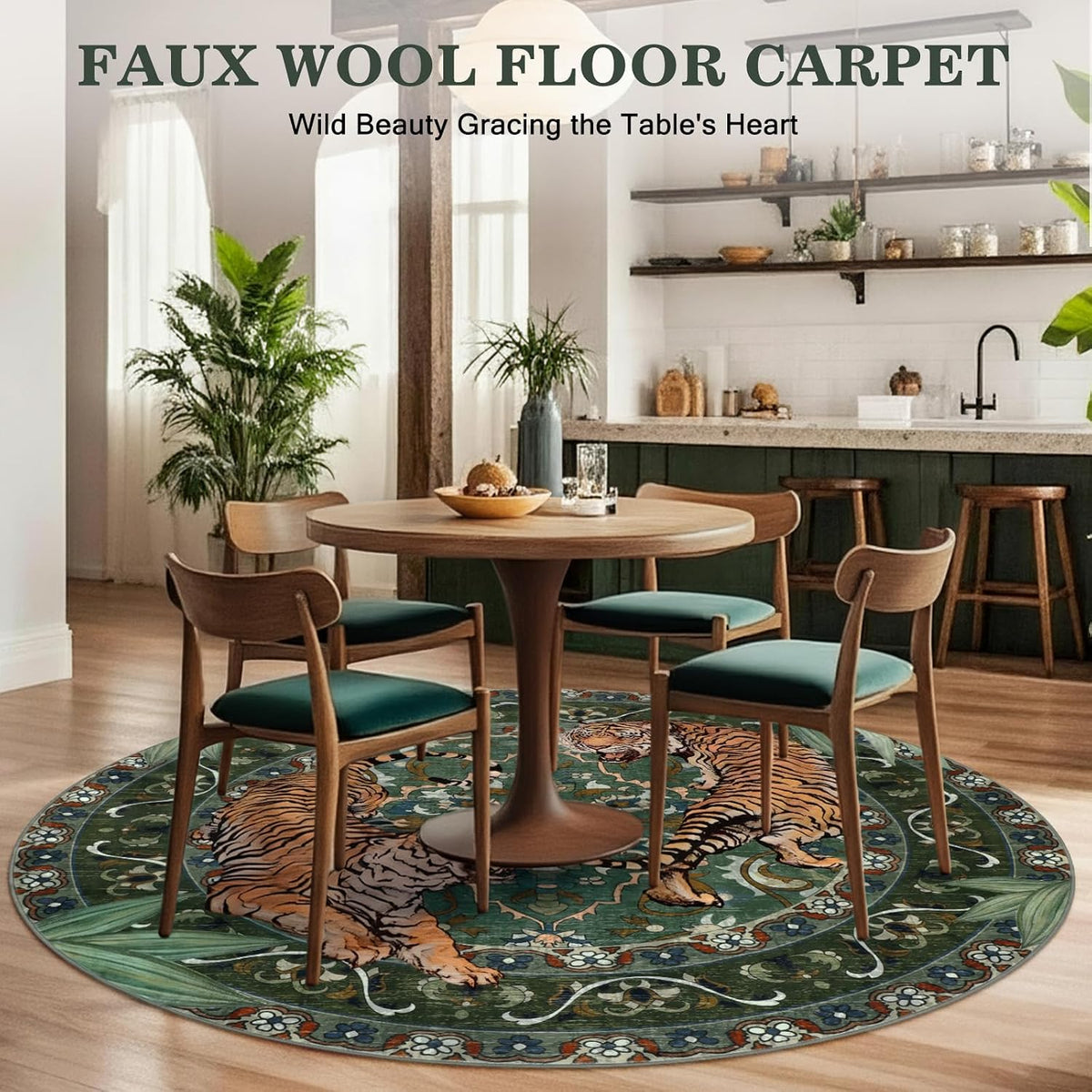 Tiger Round Area Rugs for Living Room 6ft, Boho Green Animal Print Bedroom Circle Rugs Non Slip, Washable Botanical Jungle Floor Carpet for Dining Room Entryway Nursery Playroom Office Spring