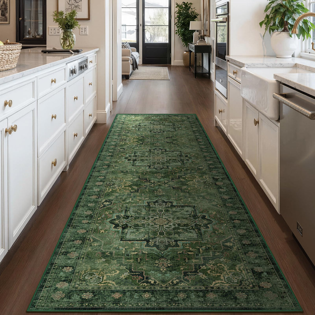 Vintage Distressed 5x7 Area Rugs for Living Room Bedroom Non Slip Washable, Medallion Pattern Printed Low Pile Thin Carpet Rugs for Dining Room/Kitchen/Home Office, Multi Brown Olive Accents