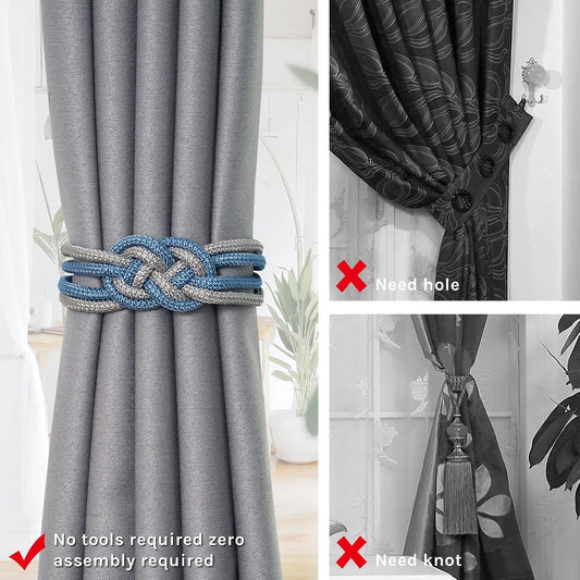 NICEEC 2 Pack Strong Magnetic Curtain Tiebacks Upgrade Nordic Simple Style Drape Tie Backs Double Color Weave Rope Knot Decorative Curtain Holdbacks for Home & Office Window Drapery (Blue & Grey)