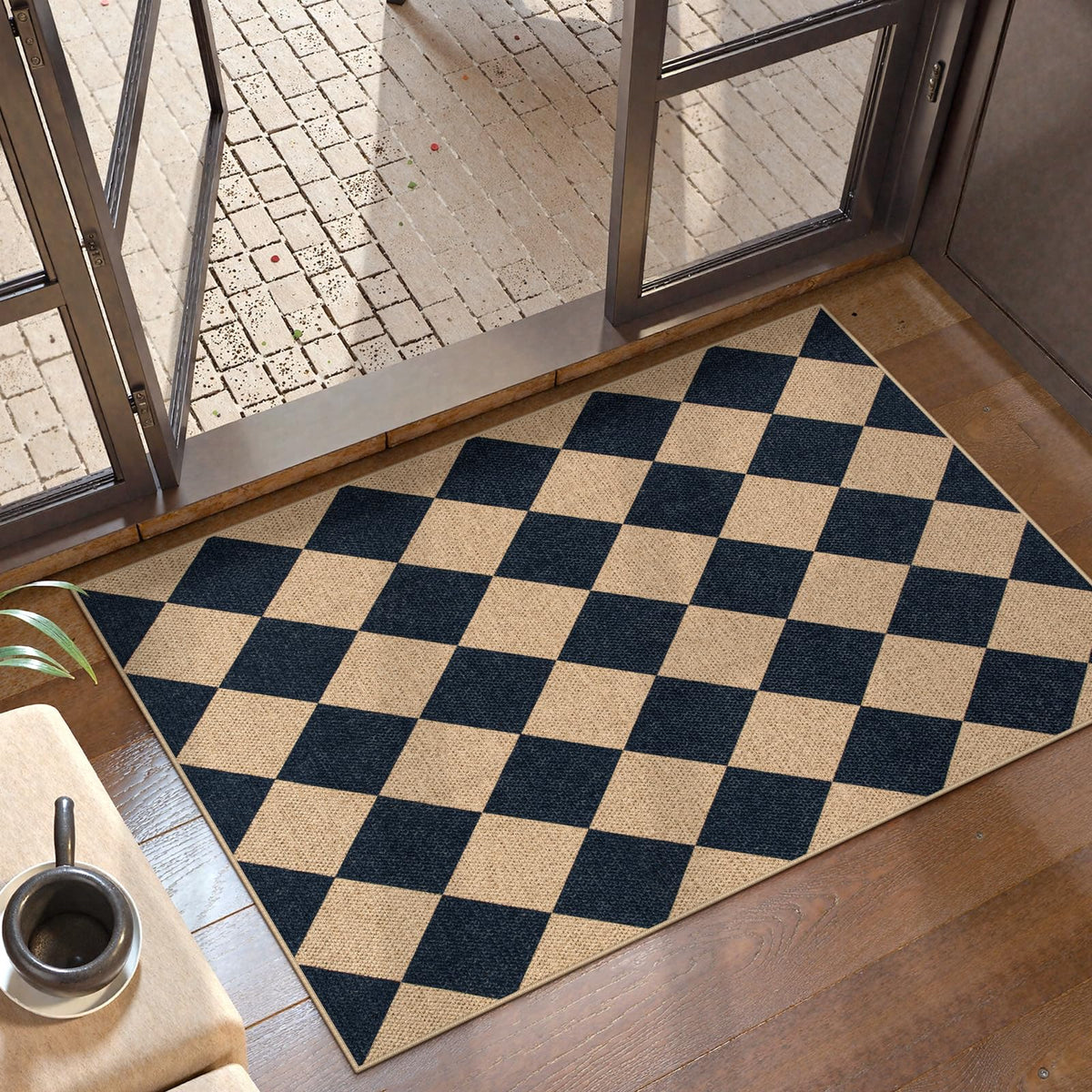 Lahome Checkered Easy Jute 5x7 Area Rugs, Washable Outdoor Patio Rug for Living Room Diamond Indoor Outdoor Carpet, Farmhouse Geometric Non Slip Black Carpet for Backyard Dining Room