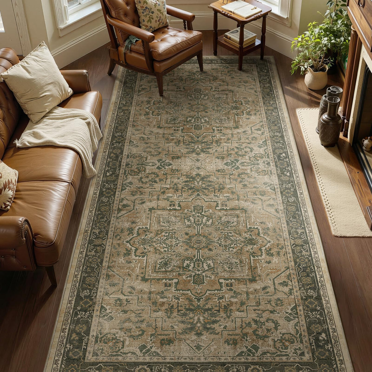Vintage Distressed 5x7 Area Rugs for Living Room Bedroom Non Slip Washable, Medallion Pattern Printed Low Pile Thin Carpet Rugs for Dining Room/Kitchen/Home Office, Multi Brown Olive Accents
