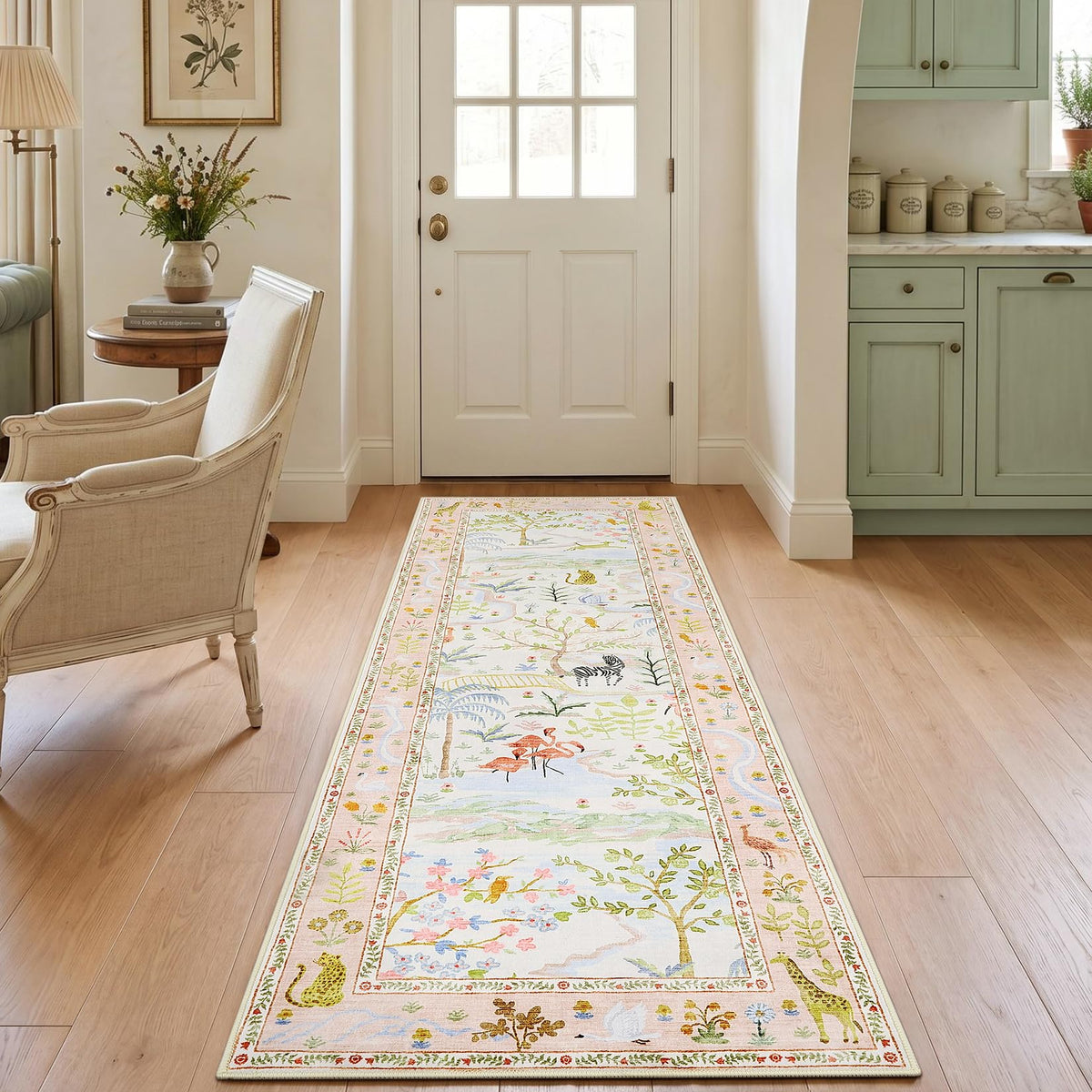Washable Area Rug 5x7 Green Animal Print Rugs for Nursery Non Slip Stain Resistant Forest Fairy Tale Throw Carpet Low Pile Whimsical Safari Area Rugs for Entryway Girls Bedroom Dining Room, Green