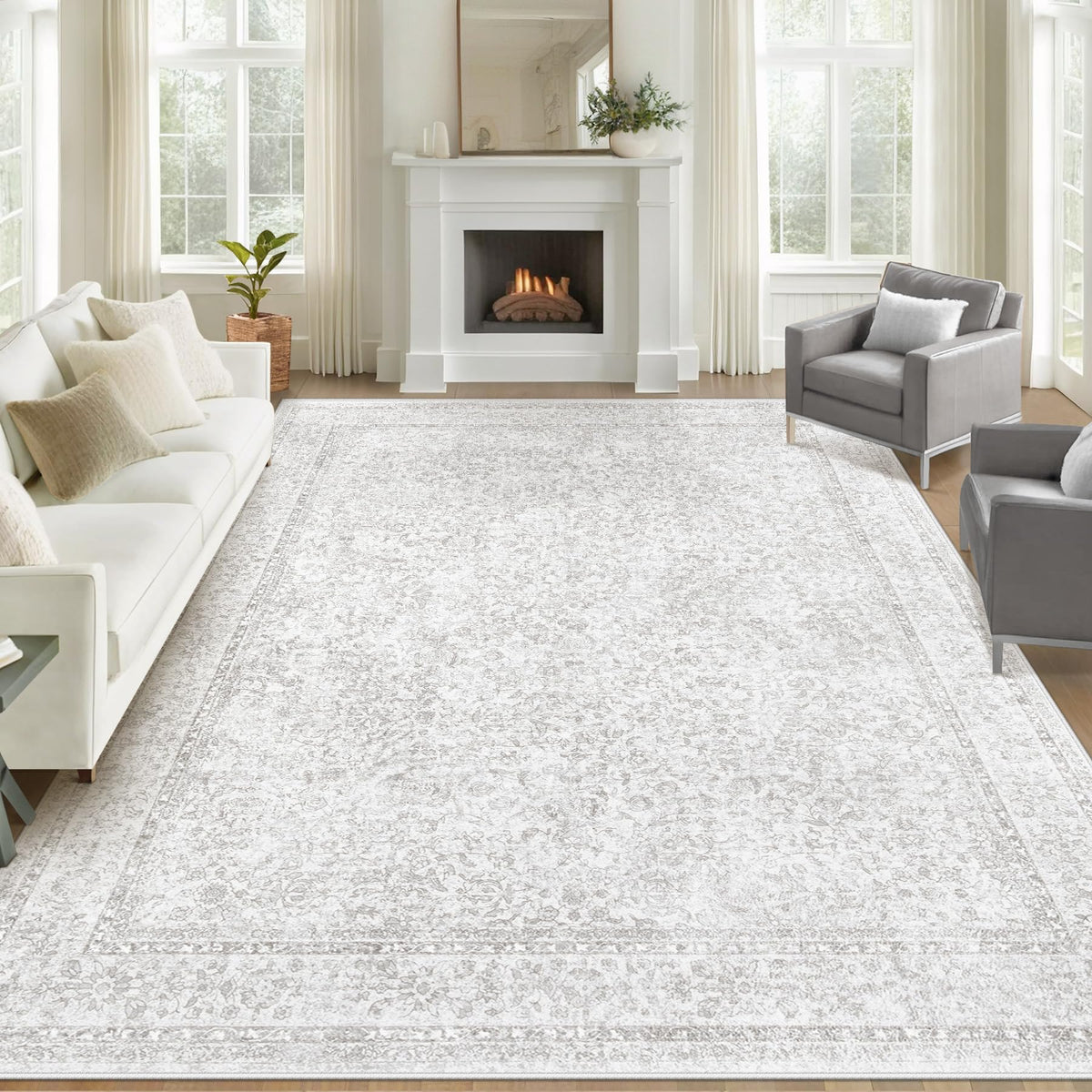Bedroom Rug Washable Large Area Rugs Foldable Low Pile Print Non Slip Boho Patterned Rugs for Bedroom Living Room Dining Home Office (Floral Beige, 5'x7')