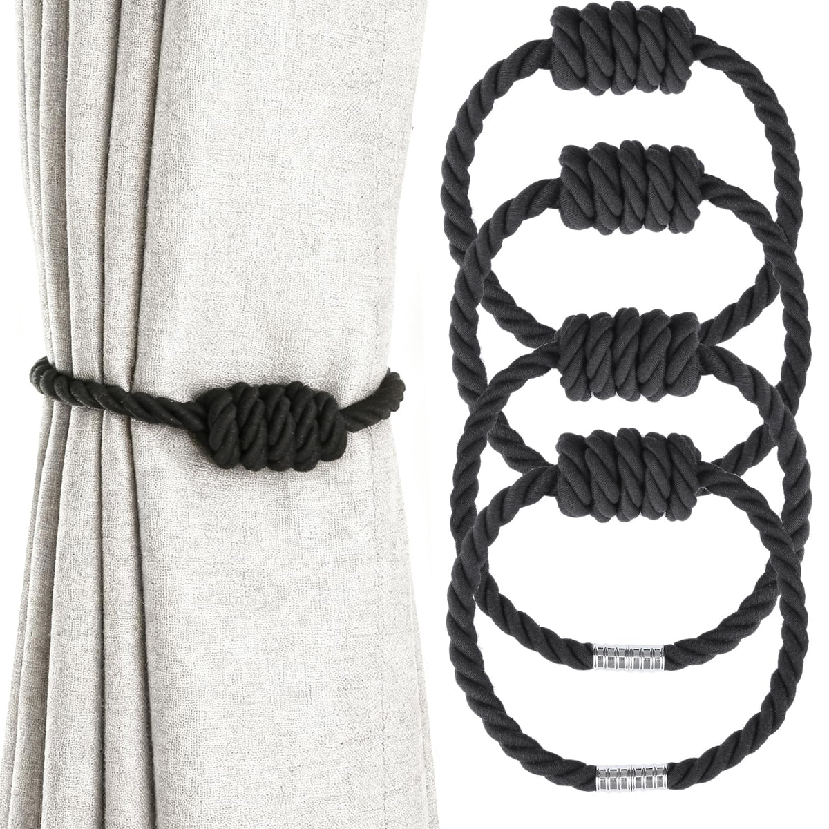2 Pack Magnetic Curtain Tiebacks with Rope Knot(Gold,2P)