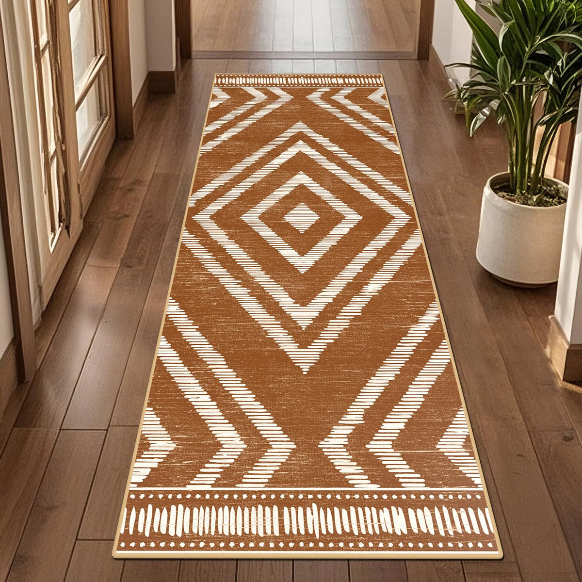 Boho Washable Rugs 5x7ft Non Slip, Low Pile Area Rug for Living Room, Brown Moroccan Bedroom Carpets, Non Shedding Soft Floor Carpet for Dining Room Bathroom Nursery Kitchen Office