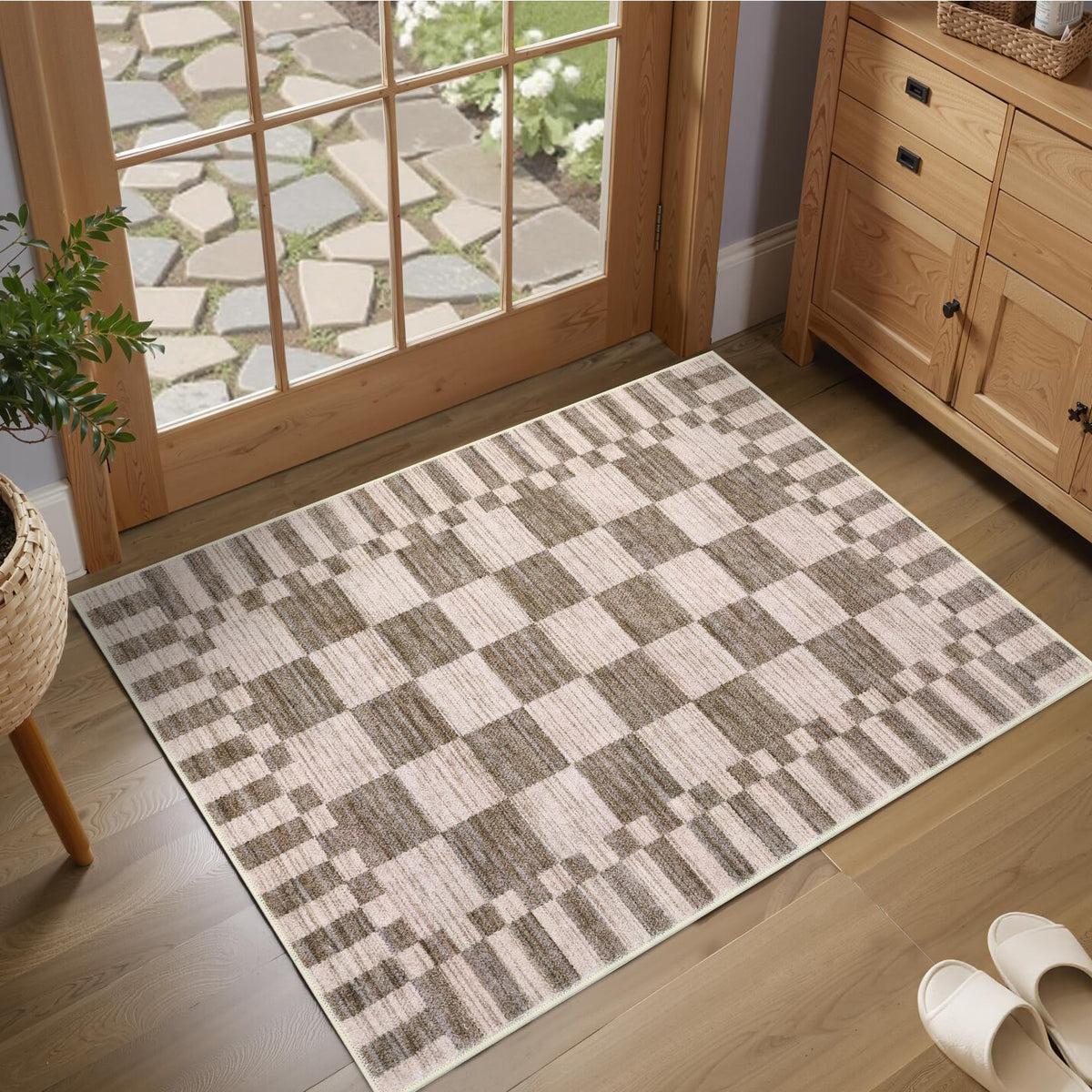 GarveeHome Brown Checkered Rug 5x7 Area Rugs Washable Living Room 5x7 Rug