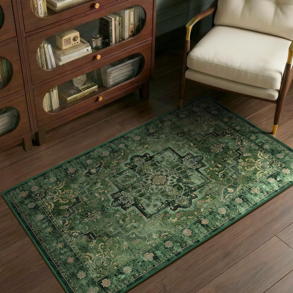 Vintage Distressed 5x7 Area Rugs for Living Room Bedroom Non Slip Washable, Medallion Pattern Printed Low Pile Thin Carpet Rugs for Dining Room/Kitchen/Home Office, Multi Brown Olive Accents