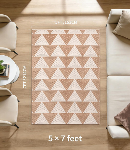 YIHOUSE Neutral Ultra Soft Area Rugs for Bedroom 5x7, Beige Geometric Rug with Triangular Patterns, Comfortable Plain Area Rug for Bedroom, Japandi Washable Rugs for Living Room