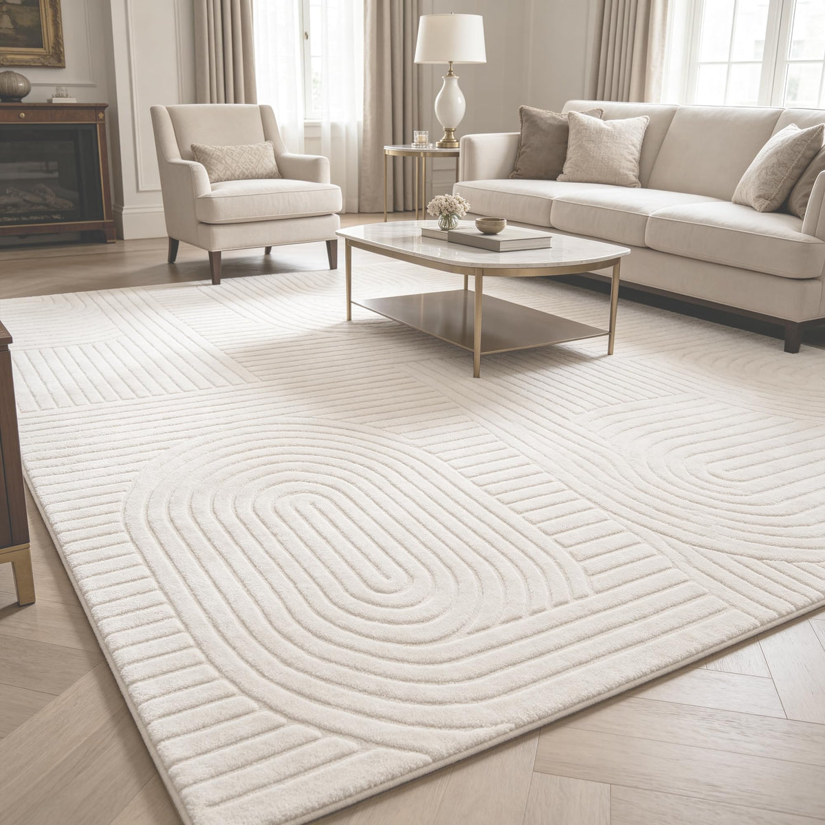 5x7 Solid Beige Area Rugs for Living Room, Geometric Washable Rug