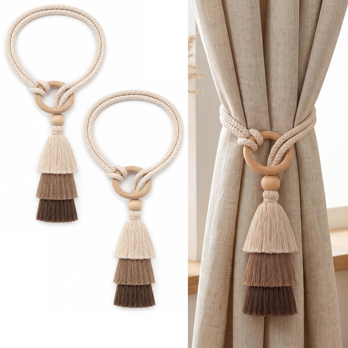 Cotton-Linen Curtain Tiebacks with Tassels (Ivory 4 Pack)