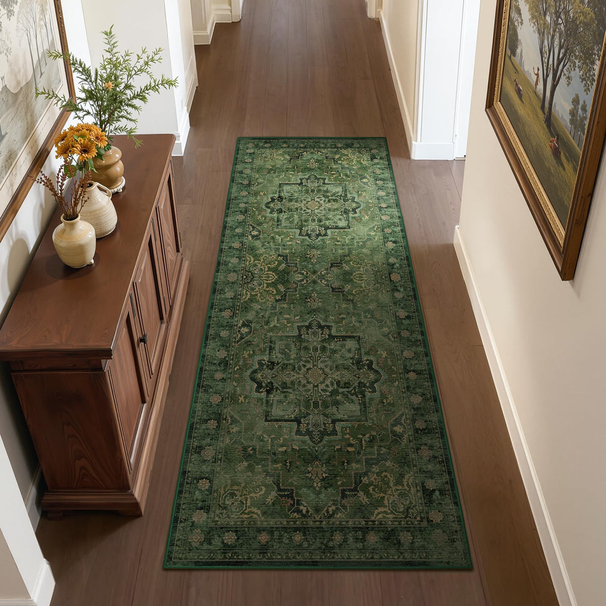 Vintage Distressed 5x7 Area Rugs for Living Room Bedroom Non Slip Washable, Medallion Pattern Printed Low Pile Thin Carpet Rugs for Dining Room/Kitchen/Home Office, Multi Brown Olive Accents