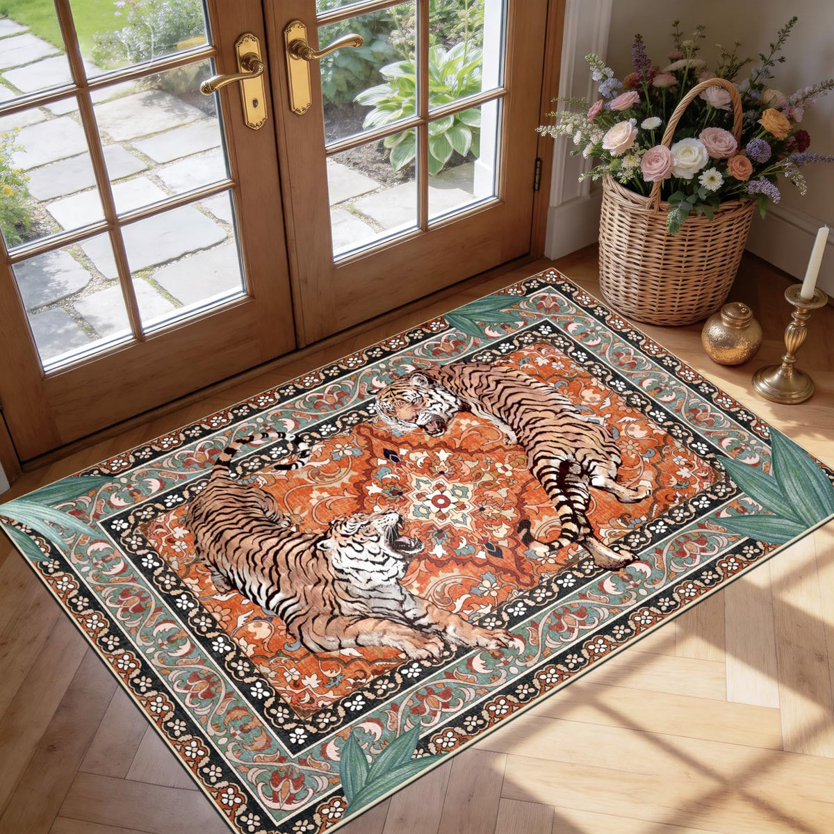 Tiger Round Area Rugs for Living Room 6ft, Boho Green Animal Print Bedroom Circle Rugs Non Slip, Washable Botanical Jungle Floor Carpet for Dining Room Entryway Nursery Playroom Office Spring