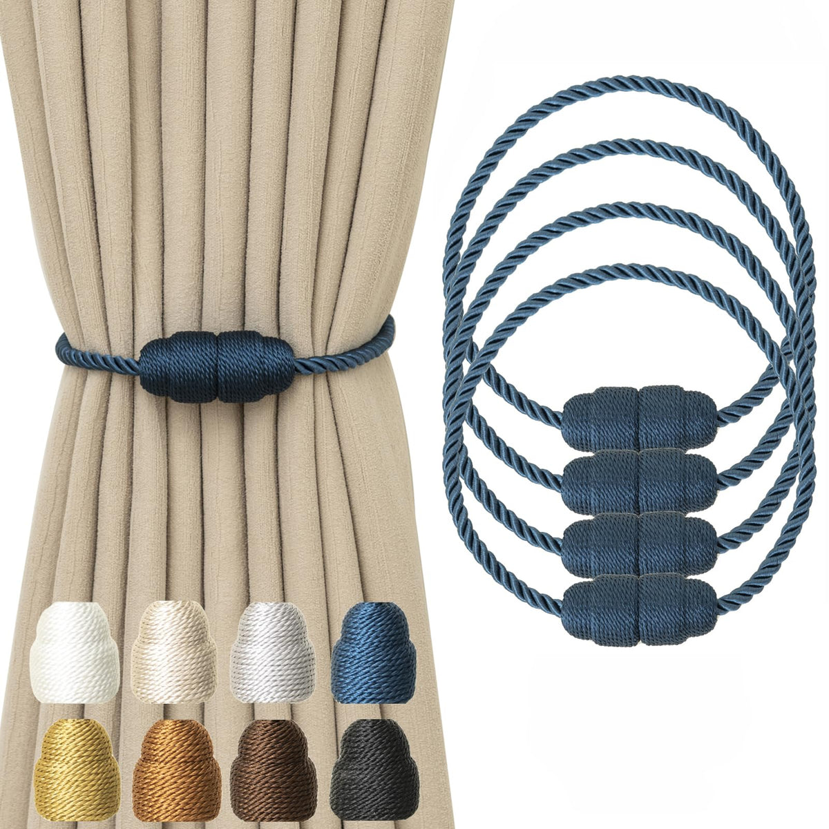 Magnetic Curtain Tiebacks Rope Curtain Tie Backs for Curtains 6 Pack Curtain Holders for Drapes Decorative Window Curtain Holdbacks, Gold